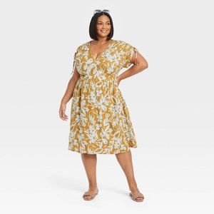 Ava & Viv Mustard Floral Print Short Sleeve Tied Dress